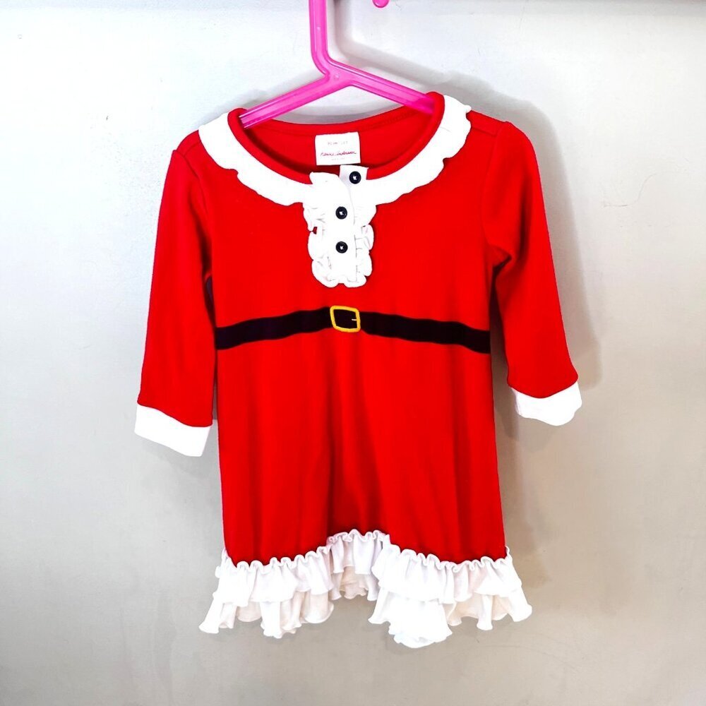 Hanna Andersson Girls Santa Dress 90 Cm US 3 Red‎ & White Long Sleeve Ruffle Hem